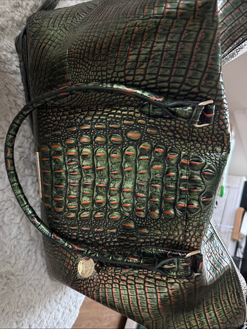 Brahmin Iridescent Green Croc-Embossed Satchel with Copper Highlights